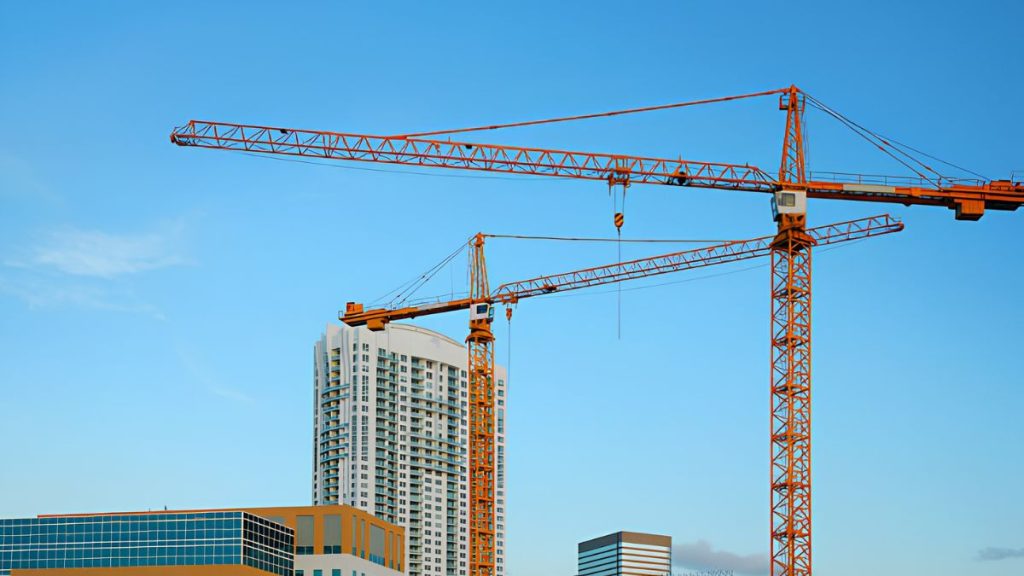 Construction Site with Tall Orange Cranes over Modern Buildings Against a Clear Blue Sky. - Hola Mty