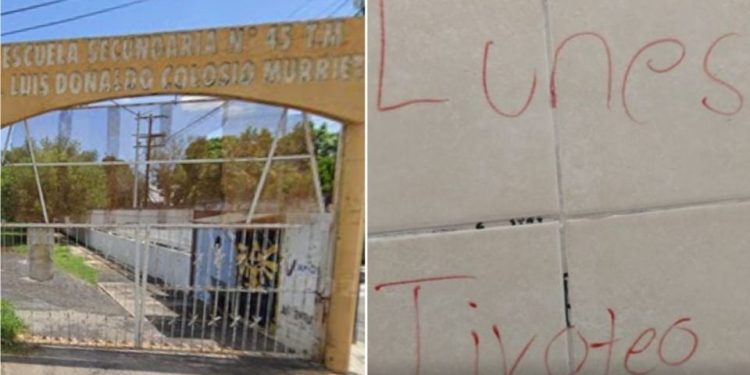 Entrance to a School: Yellow Archway over a Barred Gate with a Sign That Reads 'escuela Secundaria N° 45 Luis Donaldo Colosio Murrieta' and a Fenced Courtyard Beyond. - Hola Mty