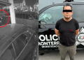 Surveillance Still of a Person Circled Near a Parked Car in a Gated Parking Area (left Panel). Right Panel Shows a Man in a Black Shirt Standing in Front of a Monterrey Police Vehicle with His Eyes Obscured by a Black Bar. - Hola Mty