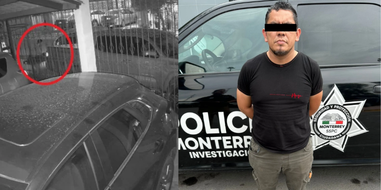 Surveillance Still of a Person Circled Near a Parked Car in a Gated Parking Area (left Panel). Right Panel Shows a Man in a Black Shirt Standing in Front of a Monterrey Police Vehicle with His Eyes Obscured by a Black Bar. - Hola Mty