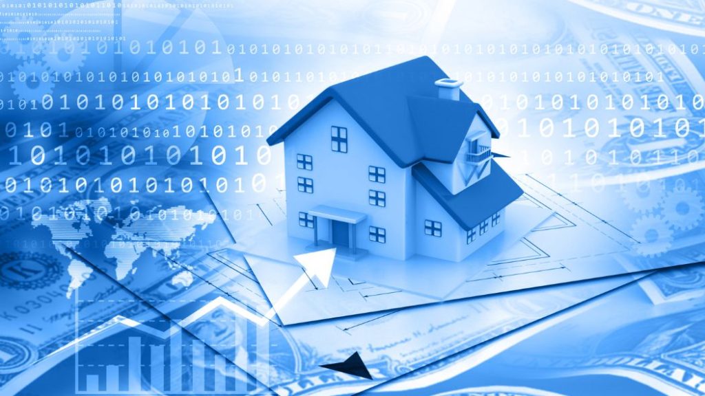 Blue-toned Model House on Architectural Plans with Graphs and Binary Code, Representing Digital Real Estate Analytics. - Hola Mty