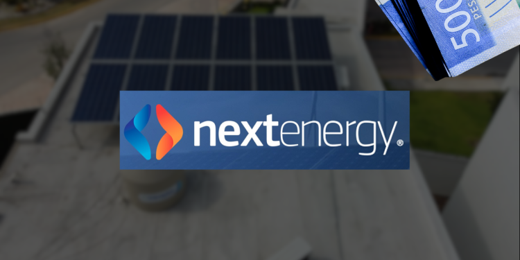 Nextenergy Logo Centered on a Blurred Rooftop with Solar Panels; a Stack of Blue Banknotes is Visible in the Top-right Corner. - Hola Mty