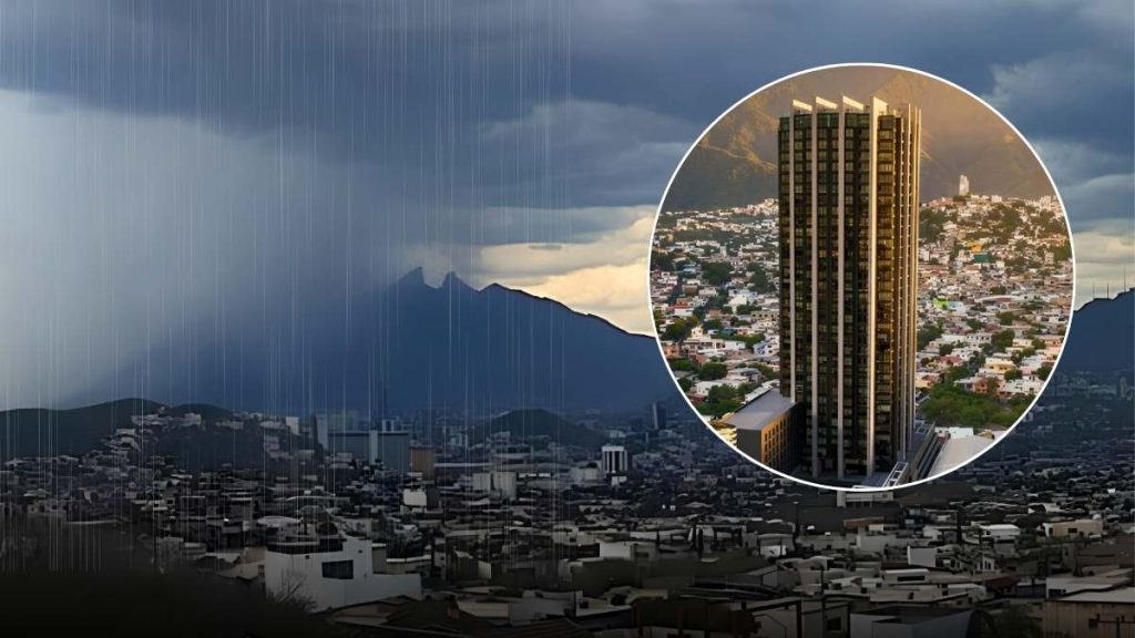 Cambio-clima-zona-metropolitana - Hola Mty Cambio De Clima En La Zona Metropolitana De Monterrey. Vemos La Imágen De Unas Montañas Con Lluvia Y Una Imágen Dentro De Un Circulo De Un Edificio De Monterrey - Hola Mty