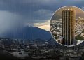 Cambio De Clima En La Zona Metropolitana De Monterrey. Vemos La Imágen De Unas Montañas Con Lluvia Y Una Imágen Dentro De Un Circulo De Un Edificio De Monterrey - Hola Mty