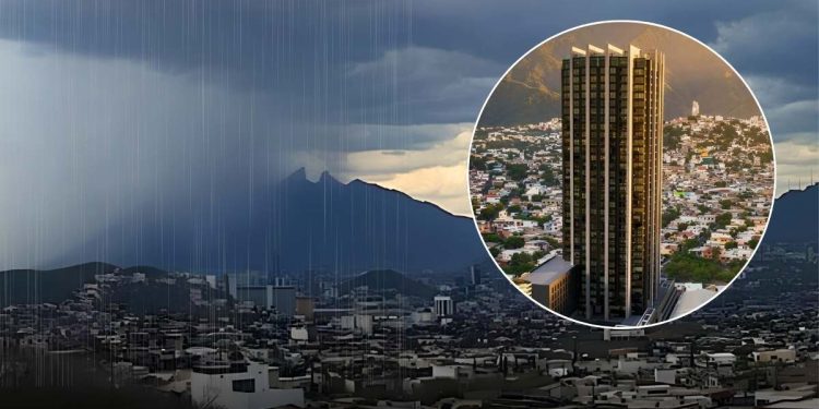 Cambio-clima-zona-metropolitana - Hola Mty Cambio De Clima En La Zona Metropolitana De Monterrey. Vemos La Imágen De Unas Montañas Con Lluvia Y Una Imágen Dentro De Un Circulo De Un Edificio De Monterrey - Hola Mty